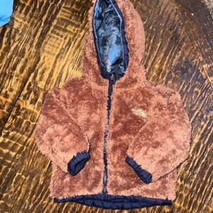 Brown Fuzzy Jacket with Navy Accents